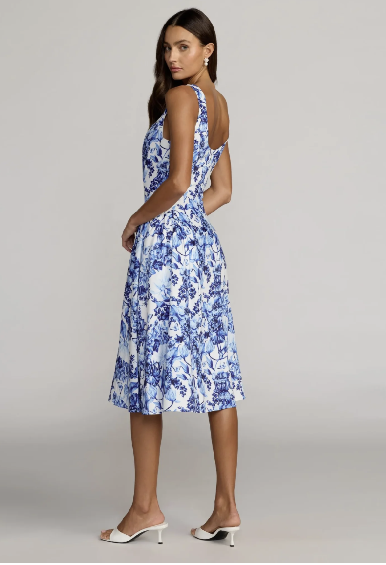 Vestido Midi Azul Sin Mangas Floral en A