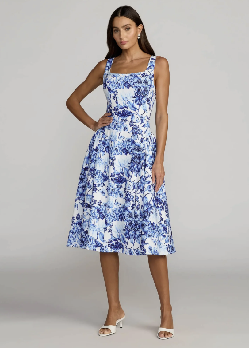 Vestido Midi Azul Sin Mangas Floral en A
